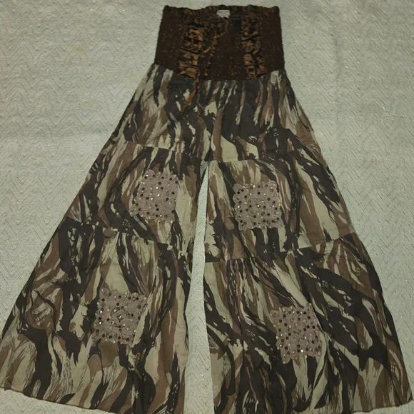 Smocked Waist Wide-Leg Pants in Brown Multi - Picture 2 of 6
